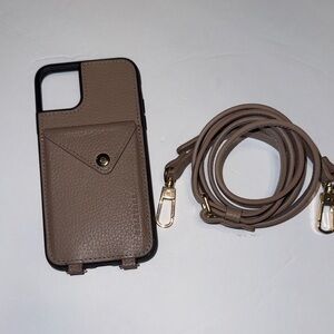 iPhone 11. Elegant Tan Leather Phone Case with Strap. Brownish Tan